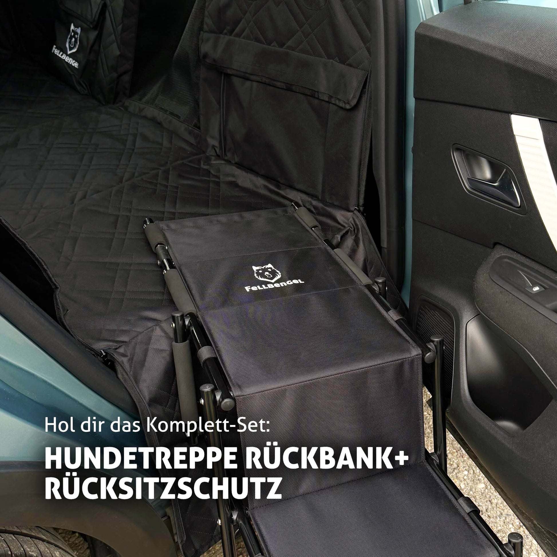 fellbengel hundetreppe für die rückbank mit der fellbengel hundedecke für die rückbank