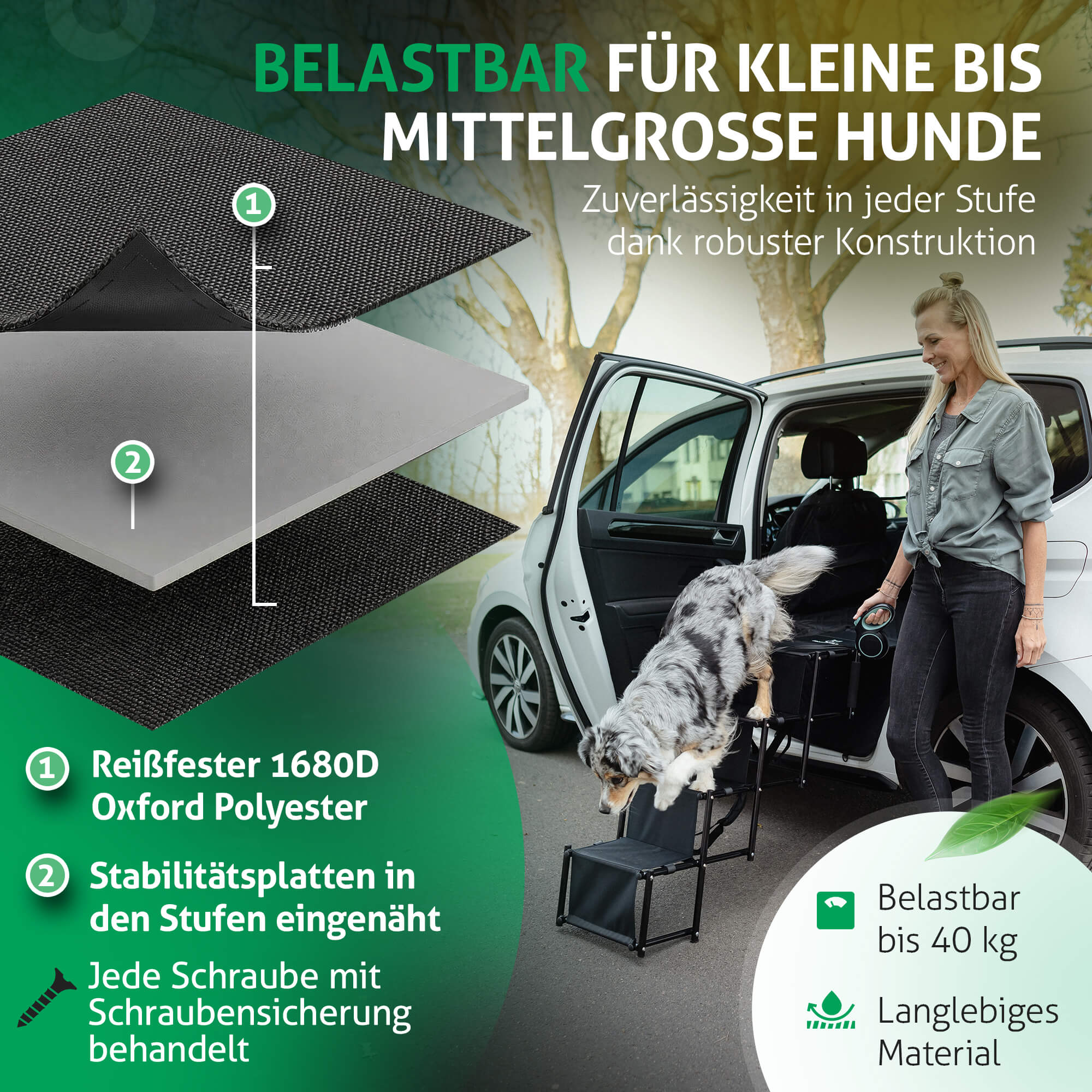 Hundetreppe für den Rücksitz mit Stabilitätsplatten